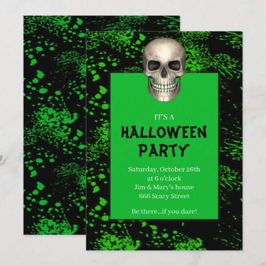 Gothic Skull Green Splatter Halloween Party Kaart (Voorkant / Achterkant)