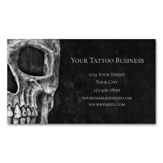 Gothic Skull Head Black en White Tattoo Shop Magnetisch Visitekaartje (Voorkant)