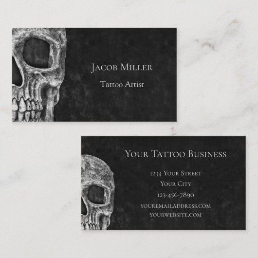 Gothic Skull Head Black en White Tattoo Shop Visitekaartje (Voorkant / Achterkant)