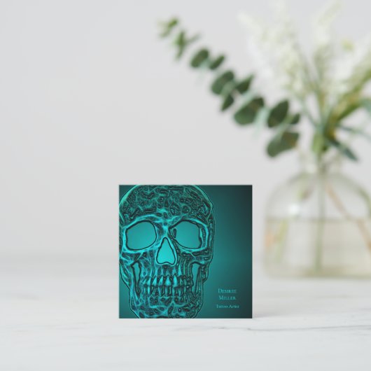 Gothic Skull Head Blauwgroen Green Metallic Tattoo Vierkante Visitekaartje (Staand voorkant)