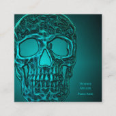 Gothic Skull Head Blauwgroen Green Metallic Tattoo Vierkante Visitekaartje (Voorkant)