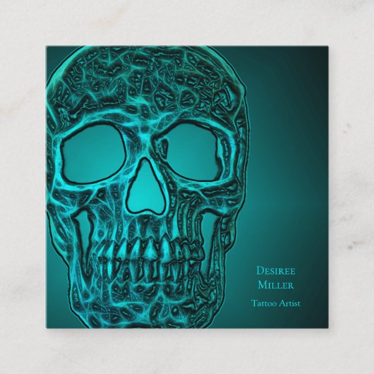 Gothic Skull Head Blauwgroen Green Metallic Tattoo Vierkante Visitekaartje (Voorkant)