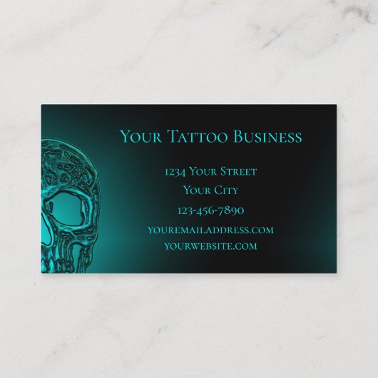 Gothic Skull Head Blauwgroen Green Tattoo Shop Visitekaartje (Achterkant)