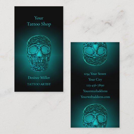 Gothic Skull Head Blauwgroen Green Tattoo Shop Visitekaartje (Voorkant / Achterkant)