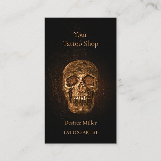 Gothic Skull Head Glanzende Gold Black Tattoo Shop Visitekaartje (Voorkant)