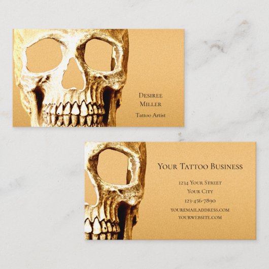 Gothic Skull Head Gold White Tattoo Shop Visitekaartje (Voorkant / Achterkant)