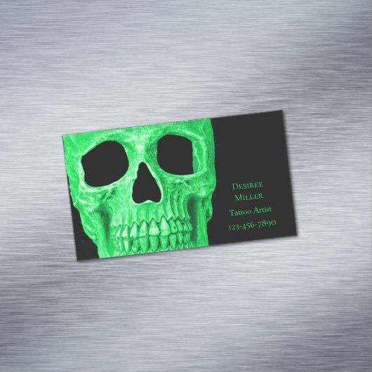 Gothic Skull Head Green Neon Black Tattoo Shop Magnetisch Visitekaartje (Voorbeeld)