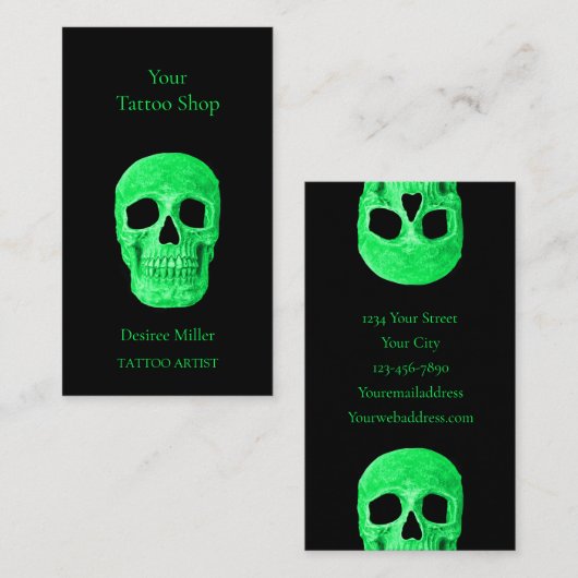 Gothic Skull Head Green Neon Black Tattoo Shop Visitekaartje (Voorkant / Achterkant)