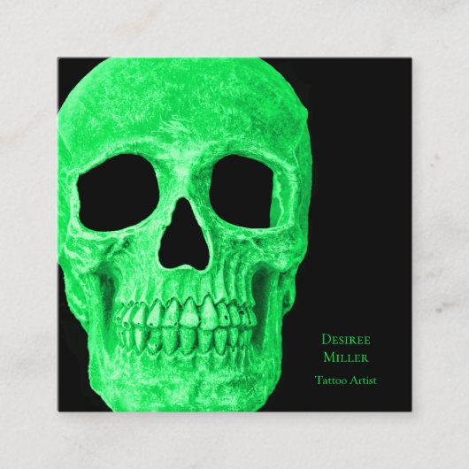 Gothic Skull Head Neon Green Black Tattoo Shop Vierkante Visitekaartje (Voorkant)