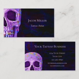 Gothic Skull Head Paars Blue Tattoo Shop Visitekaartje