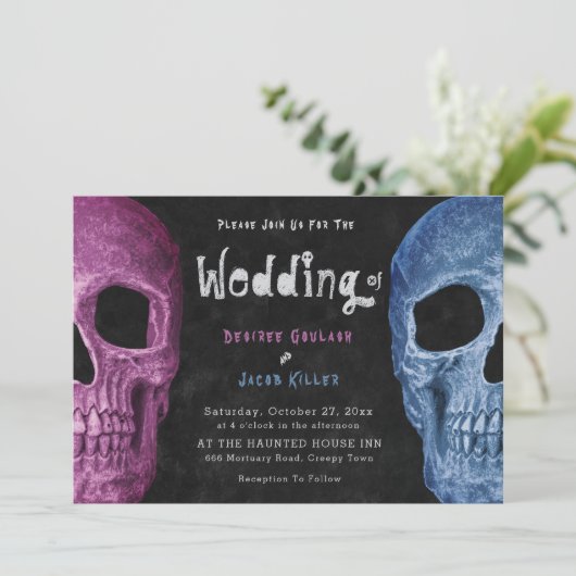Gothic Skull Head Pink Blue Halloween Wedding Kaart (Staand voorkant)