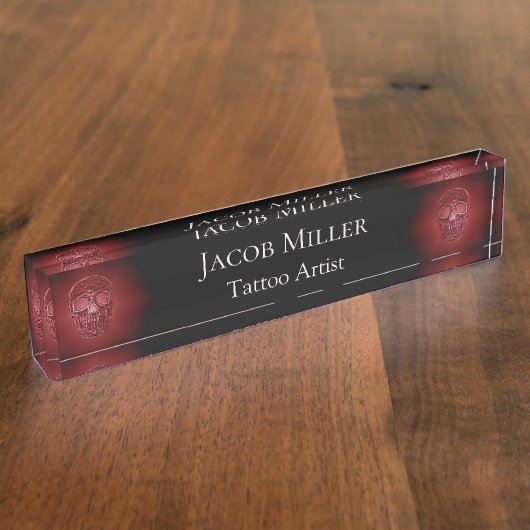 Gothic Skull Head Red Black Ggloing Tattoo Shop Naambordje (Zijkant)