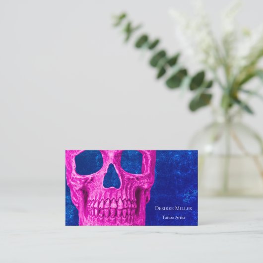 Gothic Skull Head Roze Royal Blue Tattoo Shop Visitekaartje (Staand voorkant)
