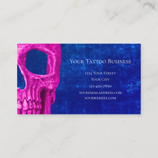 Gothic Skull Head Roze Royal Blue Tattoo Shop Visitekaartje (Achterkant)