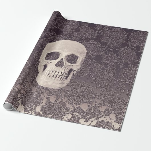 Gothic Skull Head White Grey Modern  Floral Cadeaupapier (Uitgerold)