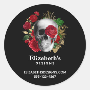 Gothic Skull met Red Flowers Business Ronde Sticker