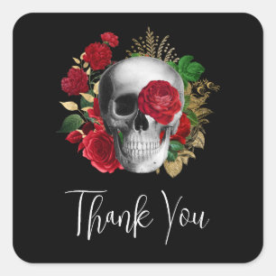 Gothic Skull met Red Flowers Hartelijk dank Vierkante Sticker