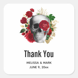 Gothic Skull met rode bloemen Buwen Dank je Vierkante Sticker