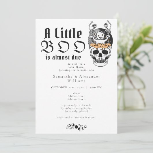 Gothic Skull Moon Little Boo Halloween Baby shower Kaart (Staand voorkant)