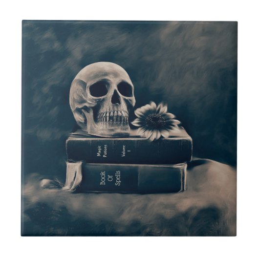 Gothic Skull  Old Books Cyanotype Sunflower Tegeltje (Voorkant)