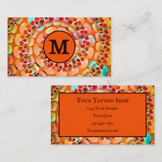 Gothic Skull Oranje Black Pop Art Pattern Monogram Visitekaartje (Voorkant / Achterkant)