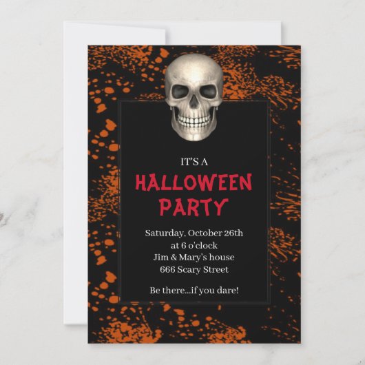 Gothic Skull Oranje Splatter Halloween Party Kaart (Voorkant)