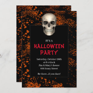 Gothic Skull Oranje Splatter Halloween Party Kaart