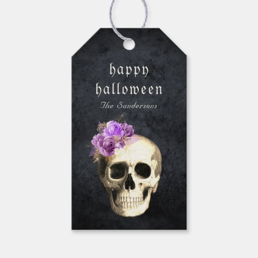 Gothic Skull Paarse Rozen Halloween Persoonlijk Cadeaulabel (Voorkant)