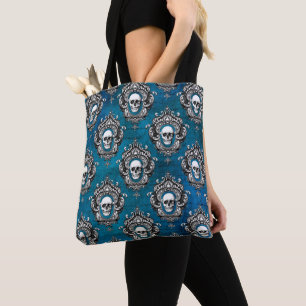 Gothic Skull Pattern op Blue Tote Bag