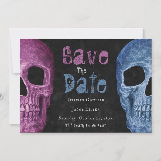 Gothic Skull Pink Blue Halloween Save the Date (Voorkant)