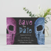 Gothic Skull Pink Blue Halloween Save the Date (Staand voorkant)