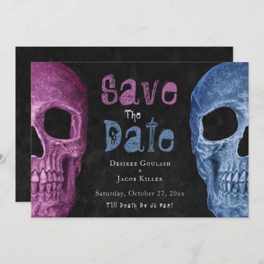 Gothic Skull Pink Blue Halloween Save the Date (Voorkant / Achterkant)