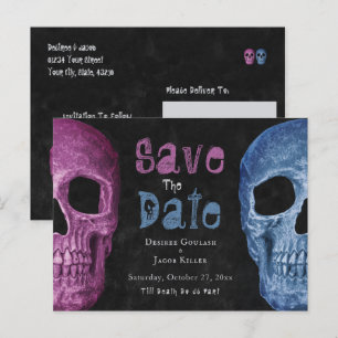 Gothic Skull Pink Blue Save the Date Aankondigingskaart