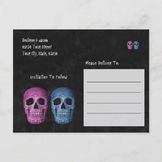 Gothic Skull Pink Blue Save the Date Aankondigingskaart (Achterkant)
