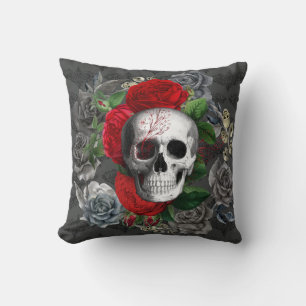Gothic Skull Red Grey Rozen Floral Design Kussen