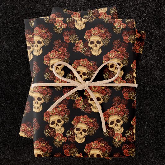 Gothic Skull Red Rose Black Halloween Patroon Inpakpapier Vel