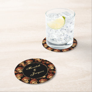 Gothic Skull Red Rose Black Halloween Wedding Ronde Kartonnen Onderzetter