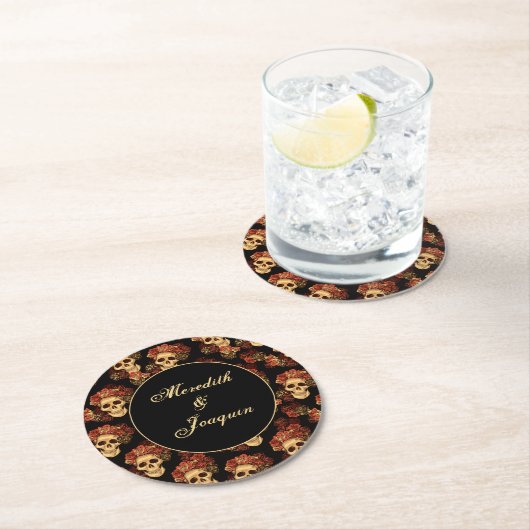 Gothic Skull Red Rose Black Halloween Wedding Ronde Kartonnen Onderzetter (Insitu)