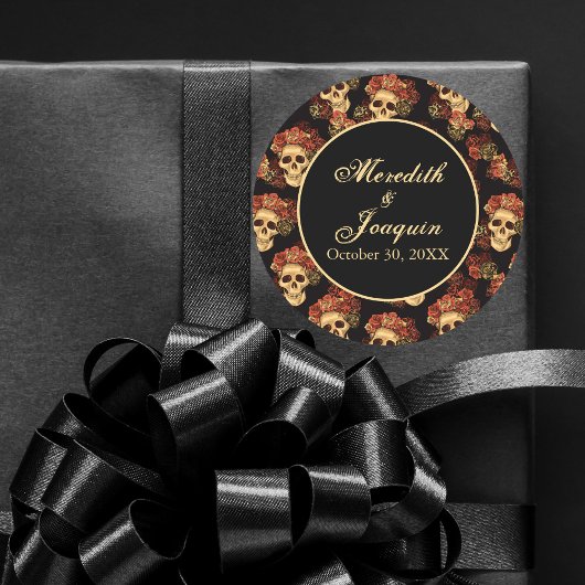 Gothic Skull Red Rose Black Halloween Wedding Ronde Sticker