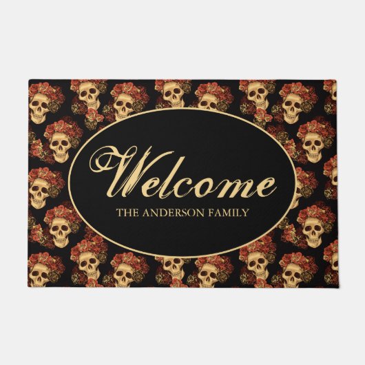 Gothic Skull Red Rose Black Halloween Welkom Deurmat (Voorkant)