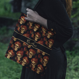 Gothic Skull Red Rose Black Monogram Halloween Tote Bag