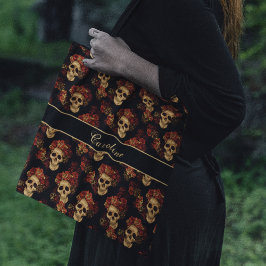 Gothic Skull Red Rose Black Monogram Halloween Tote Bag
