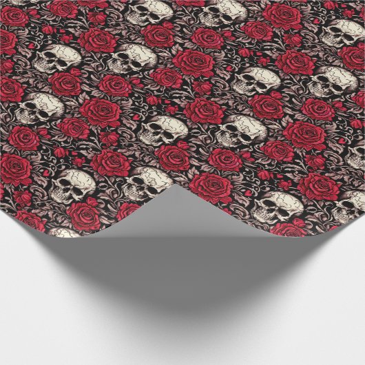 Gothic Skull & Red Roses Toile Pattern Cadeaupapier (Hoek)
