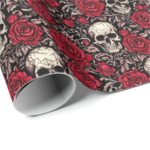 Gothic Skull & Red Roses Toile Pattern Cadeaupapier