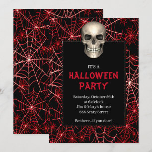 Gothic Skull Red Spider Web Halloween Party Kaart
