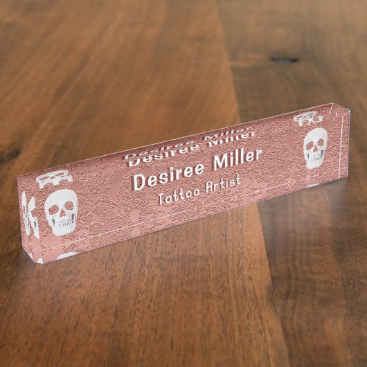 Gothic Skull Roos Gold White Modern Elegant Floral Naambordje (Zijkant)