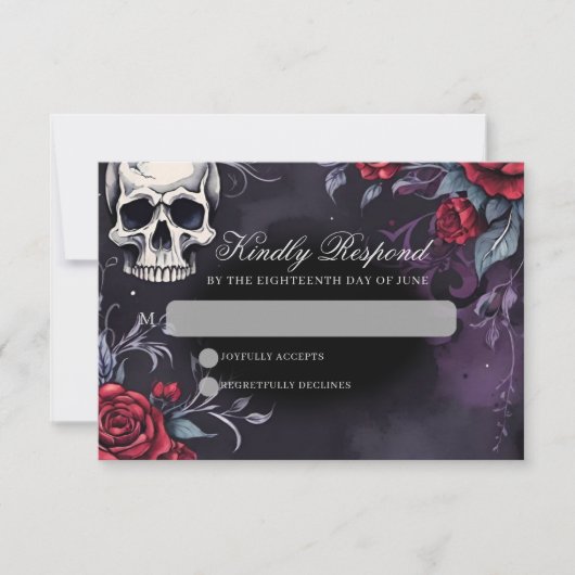 Gothic Skull & Rose Elegant Dark Wedding RSVP Kaartje (Voorkant)