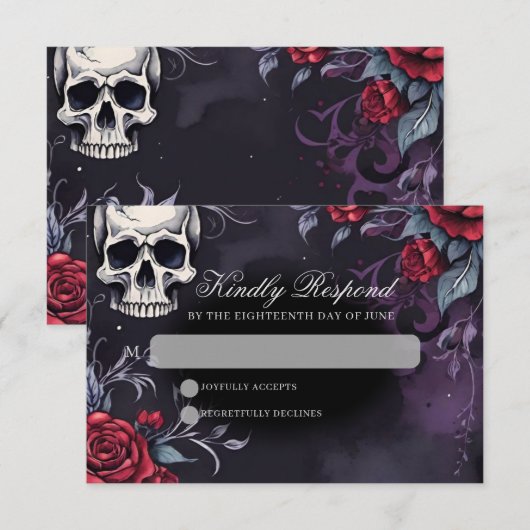 Gothic Skull & Rose Elegant Dark Wedding RSVP Kaartje (Voorkant / Achterkant)