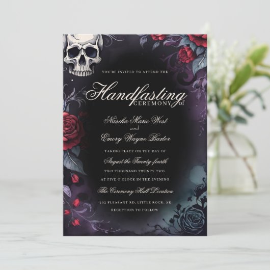 Gothic Skull & Roses Purple Black Handfasting Kaart (Staand voorkant)