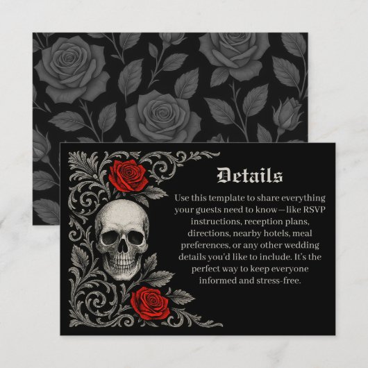 Gothic Skull Roses Wedding Details Enclosure Card Informatiekaartje (Voorkant / Achterkant)